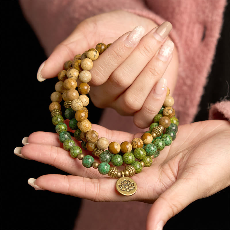 Bracelet Mala 108 perles en pierre naturelle Buddha Stones Jasper Turquoise Lotus Positif