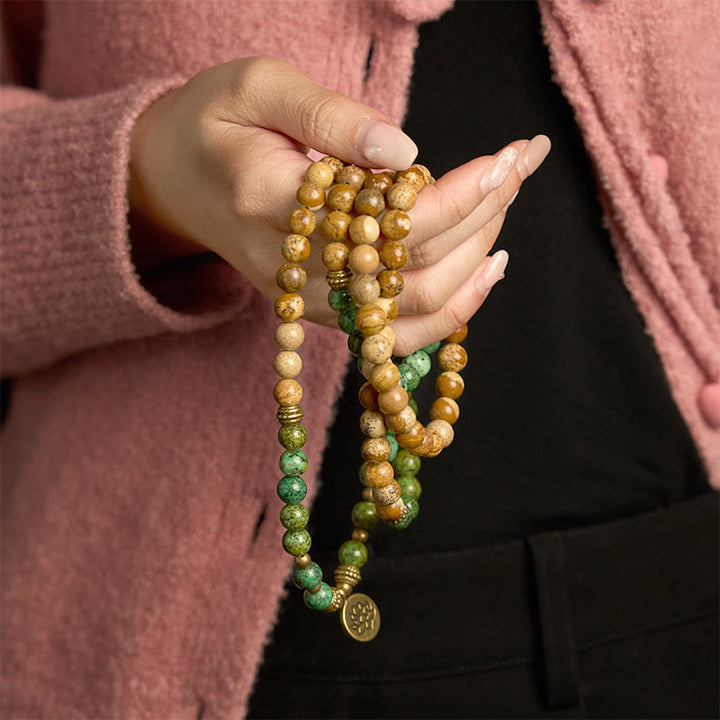 Bracelet Mala 108 perles en pierre naturelle Buddha Stones Jasper Turquoise Lotus Positif