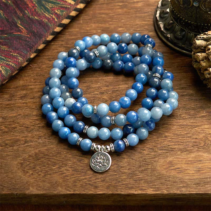 Bracelet Mala multicouches en aventurine bleue naturelle avec 108 Buddha Stones