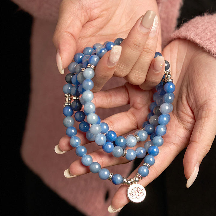 Bracelet Mala multicouches en aventurine bleue naturelle avec 108 Buddha Stones