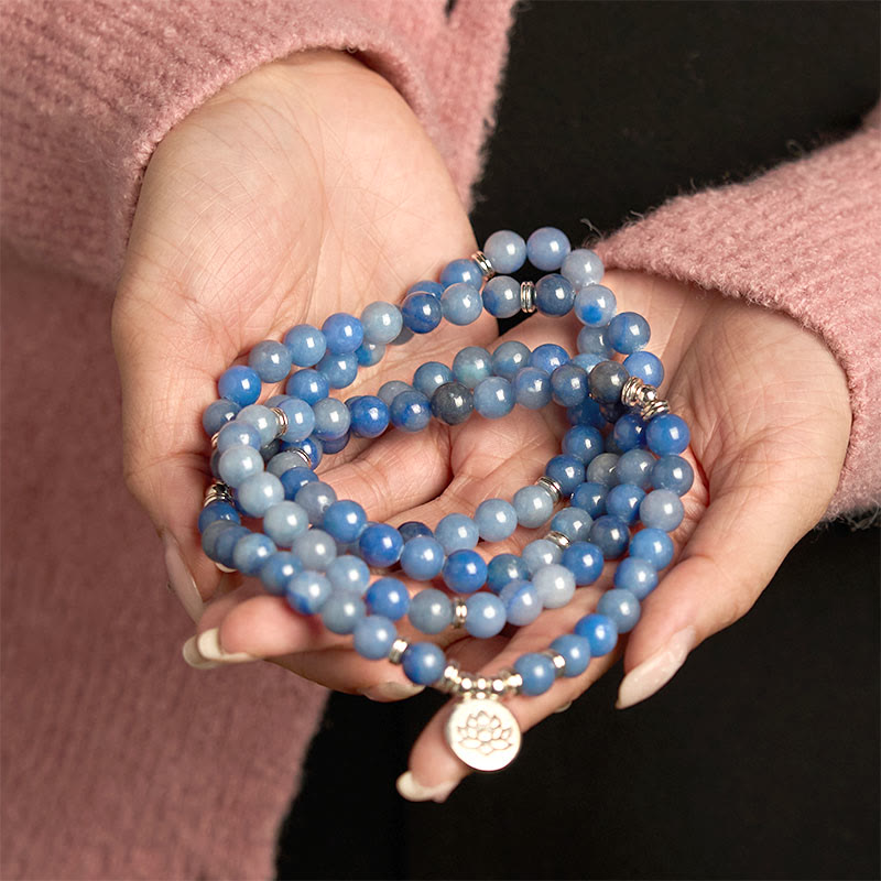 Bracelet Mala multicouches en aventurine bleue naturelle avec 108 Buddha Stones