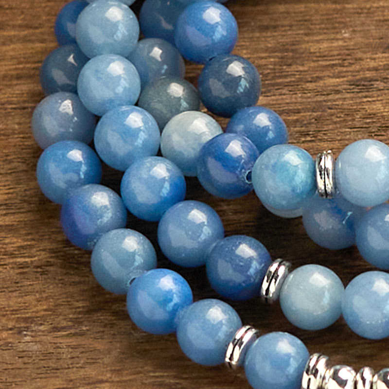 Bracelet Mala multicouches en aventurine bleue naturelle avec 108 Buddha Stones