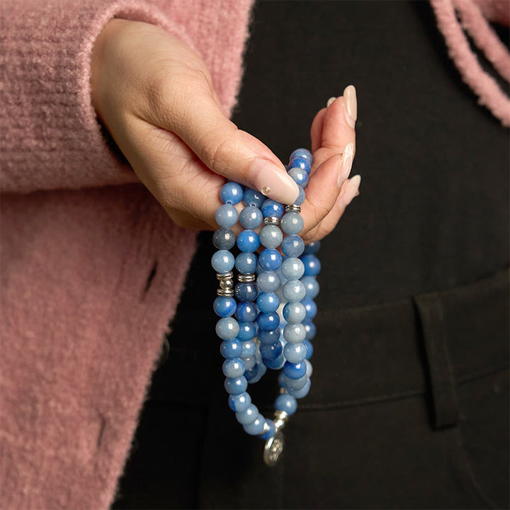 Bracelet Mala multicouches en aventurine bleue naturelle avec 108 Buddha Stones