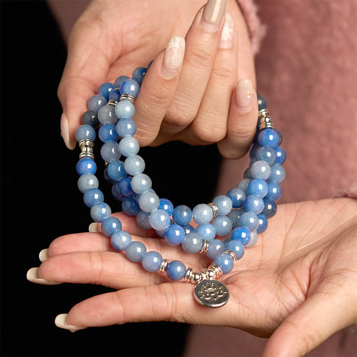 Bracelet Mala multicouches en aventurine bleue naturelle avec 108 Buddha Stones