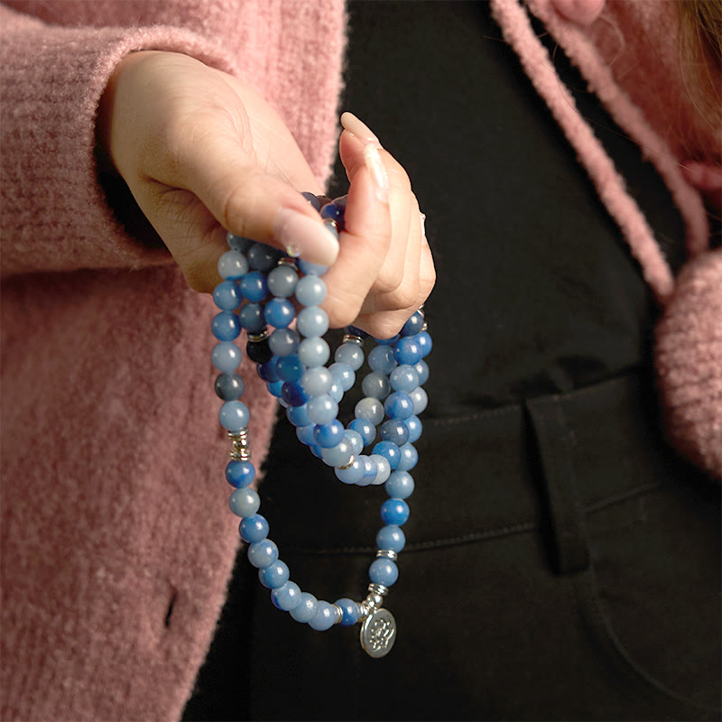 Bracelet Mala multicouches en aventurine bleue naturelle avec 108 Buddha Stones