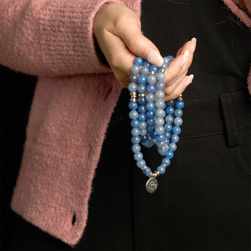 Bracelet Mala multicouches en aventurine bleue naturelle avec 108 Buddha Stones