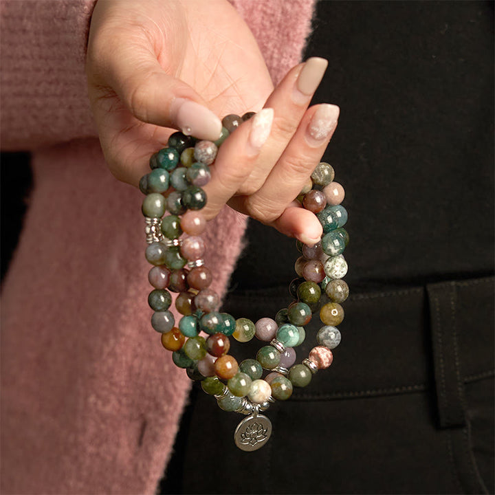 Buddha Stones Mala 108 perles en pierre naturelle d'agate indienne Lotus Calm
