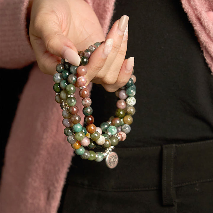 Buddha Stones Mala 108 perles en pierre naturelle d'agate indienne Lotus Calm