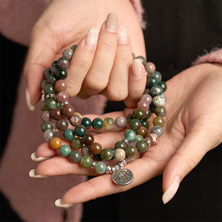 Buddha Stones Mala 108 perles en pierre naturelle d'agate indienne Lotus Calm