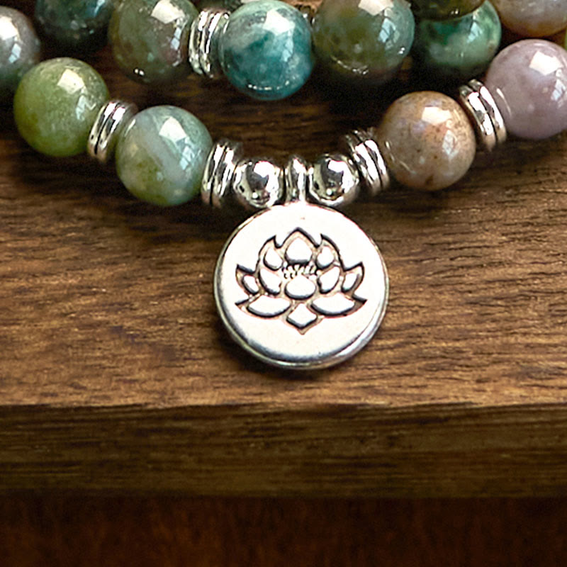 Buddha Stones Mala 108 perles en pierre naturelle d'agate indienne Lotus Calm