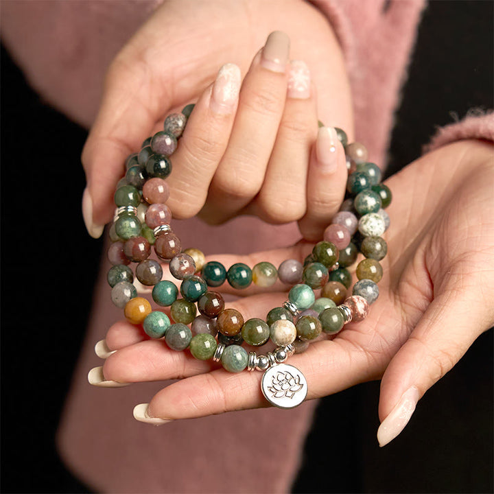 Buddha Stones Mala 108 perles en pierre naturelle d'agate indienne Lotus Calm