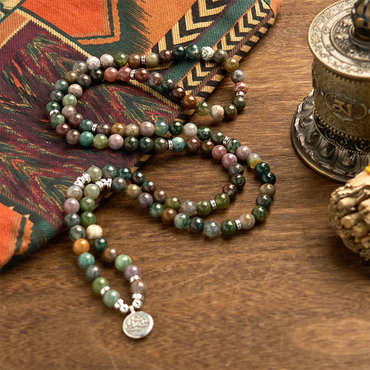 Buddha Stones Mala 108 perles en pierre naturelle d'agate indienne Lotus Calm
