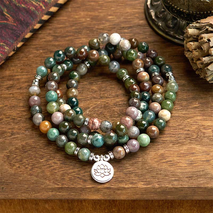 Buddha Stones Mala 108 perles en pierre naturelle d'agate indienne Lotus Calm