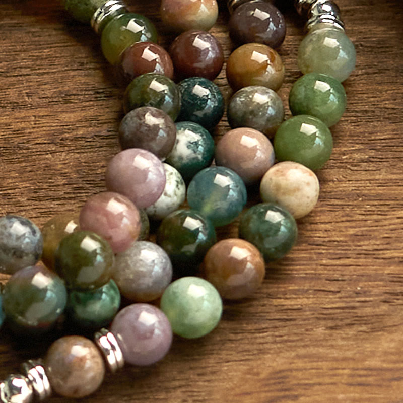 Buddha Stones Mala 108 perles en pierre naturelle d'agate indienne Lotus Calm
