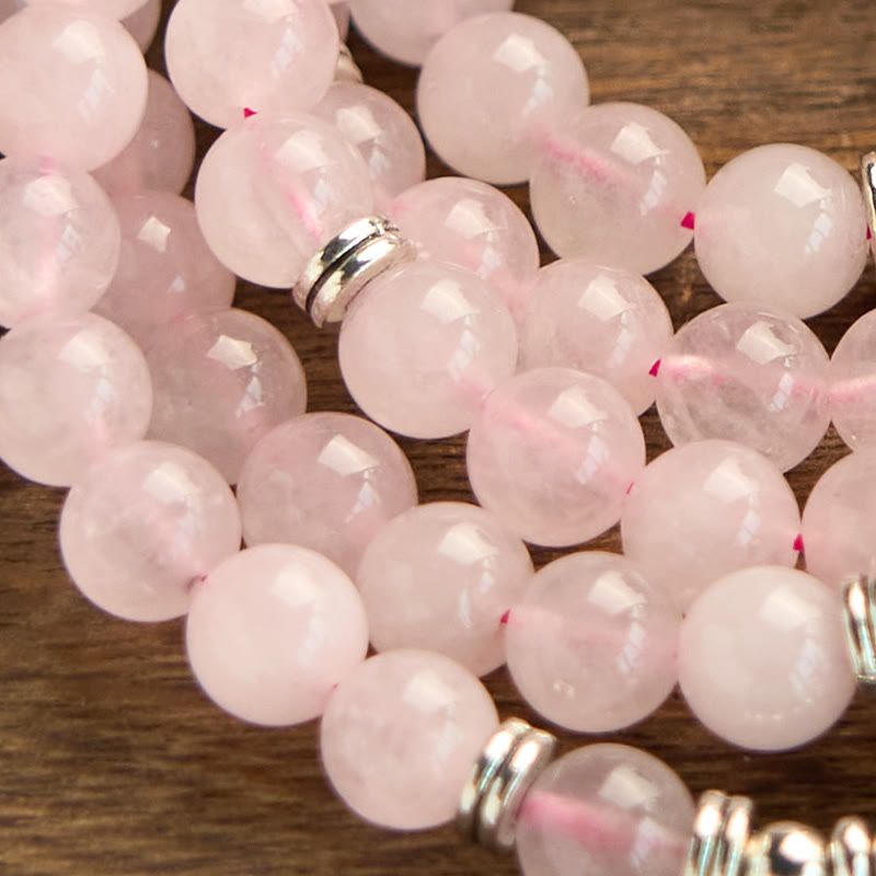 Bracelet Mala 108 Buddha Stones en pierre naturelle de quartz rose et lotus de la paix