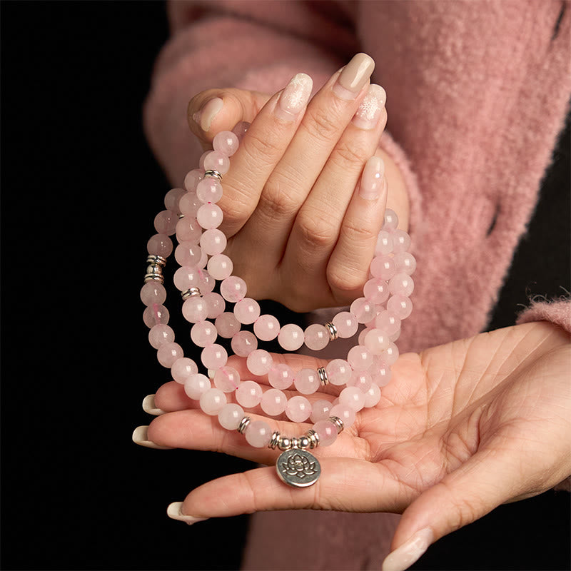 Bracelet Mala 108 Buddha Stones en pierre naturelle de quartz rose et lotus de la paix