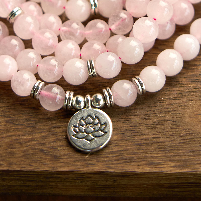 Bracelet Mala 108 Buddha Stones en pierre naturelle de quartz rose et lotus de la paix