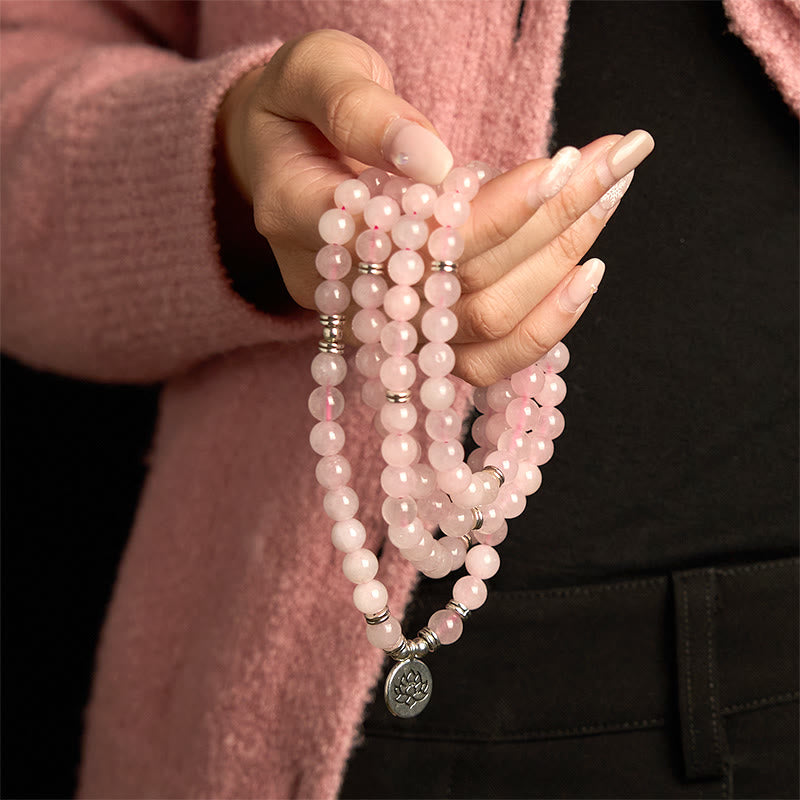 Bracelet Mala 108 Buddha Stones en pierre naturelle de quartz rose et lotus de la paix