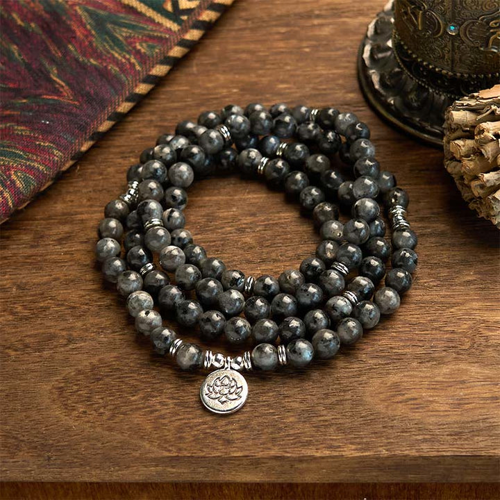 Bracelet de positivité Lotus en pierres naturelles noires pailletées multicouches avec 108 perles Mala Buddha Stones