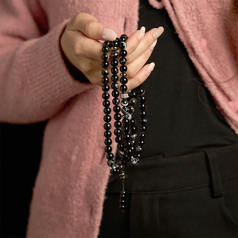 Bracelet de protection en onyx noir avec 108 perles de Mala en pierre naturelle Buddha Stones