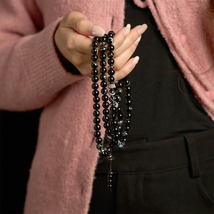 Bracelet de protection en onyx noir avec 108 perles de Mala en pierre naturelle Buddha Stones