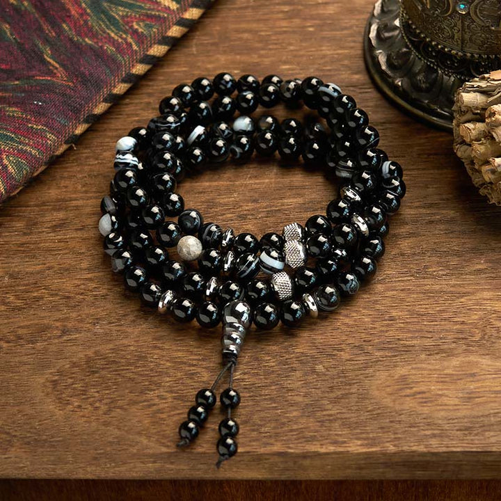 Bracelet de protection en onyx noir avec 108 perles de Mala en pierre naturelle Buddha Stones