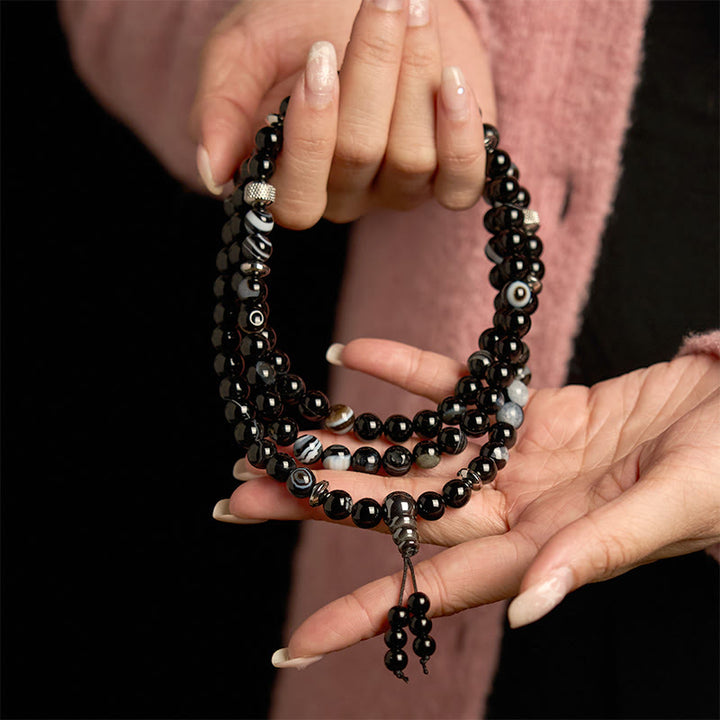 Bracelet de protection en onyx noir avec 108 perles de Mala en pierre naturelle Buddha Stones