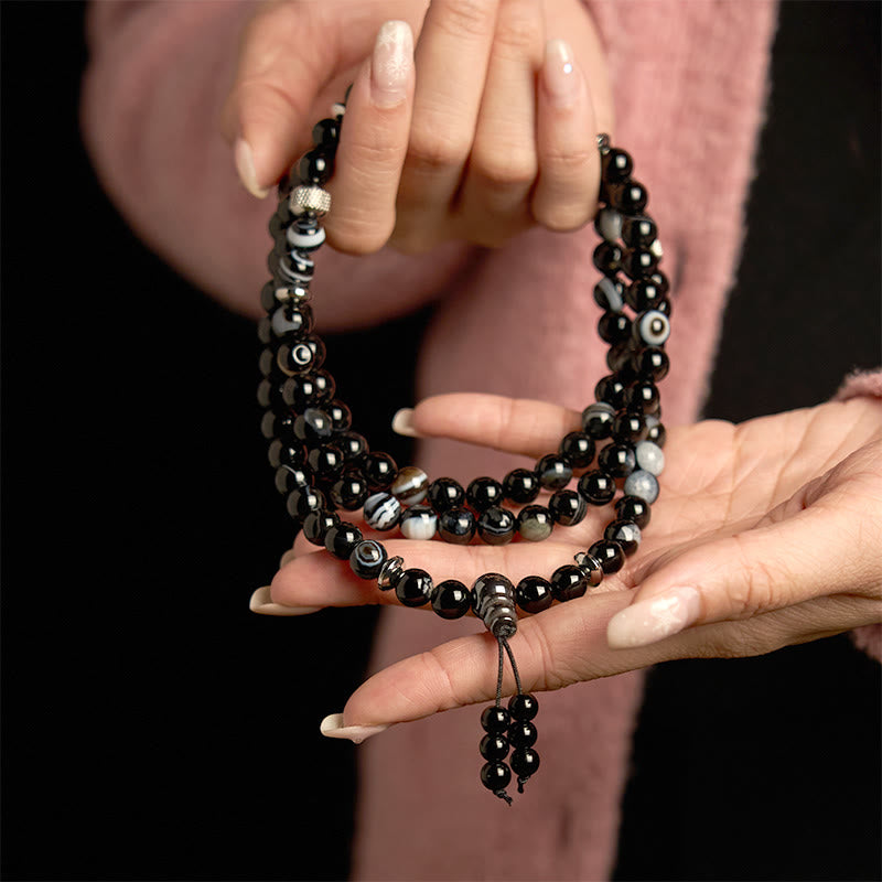 Bracelet de protection en onyx noir avec 108 perles de Mala en pierre naturelle Buddha Stones