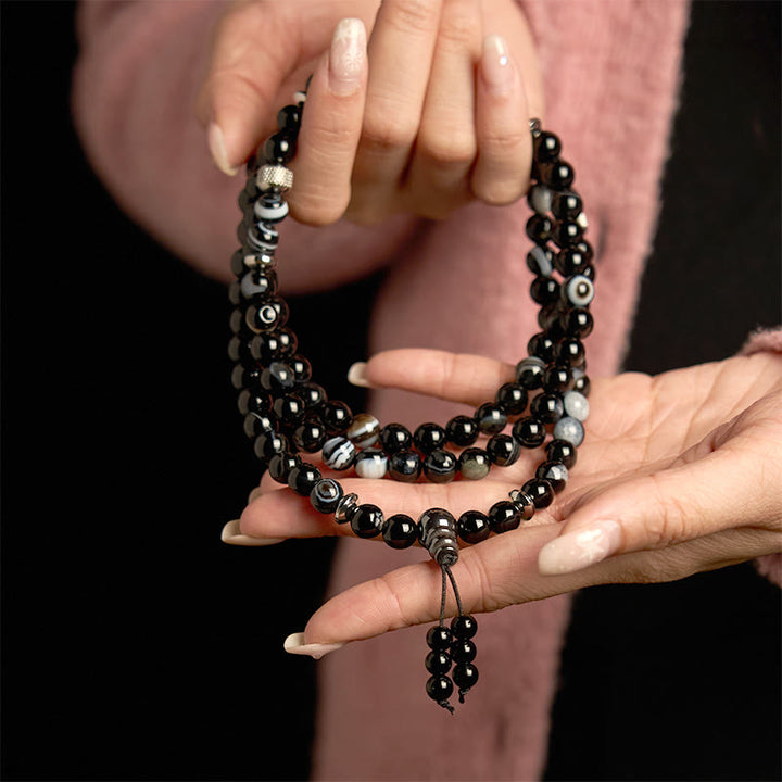 Bracelet de protection en onyx noir avec 108 perles de Mala en pierre naturelle Buddha Stones