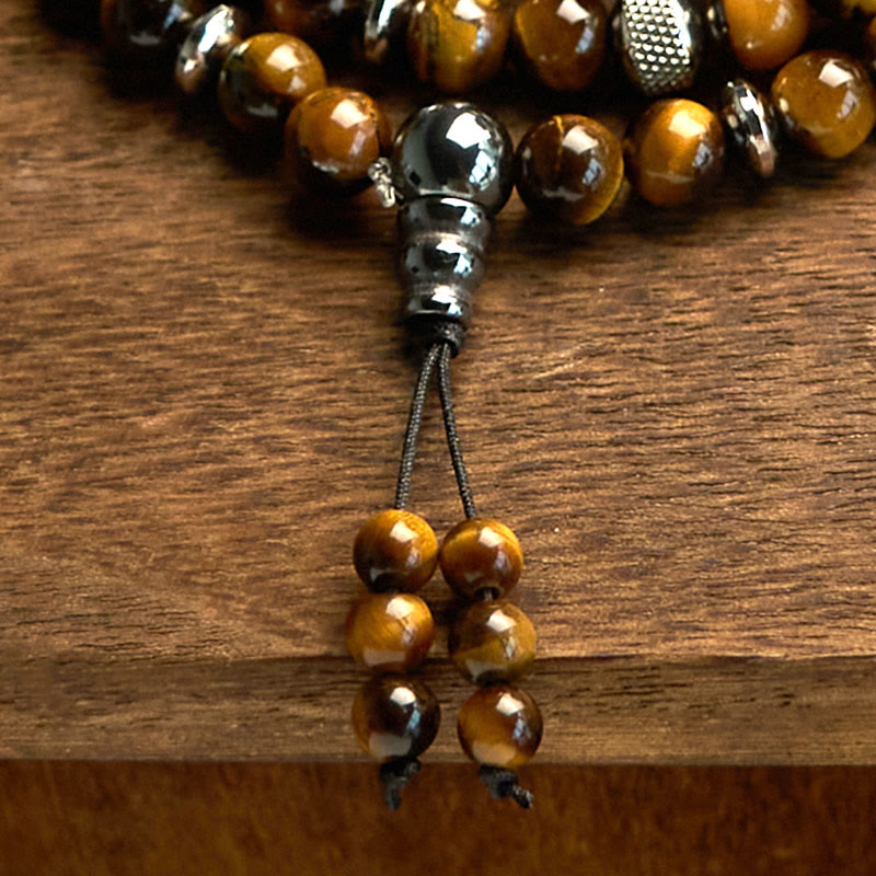 Bracelet de protection multi-tours en pierre naturelle œil de tigre 108 perles Mala Buddha Stones