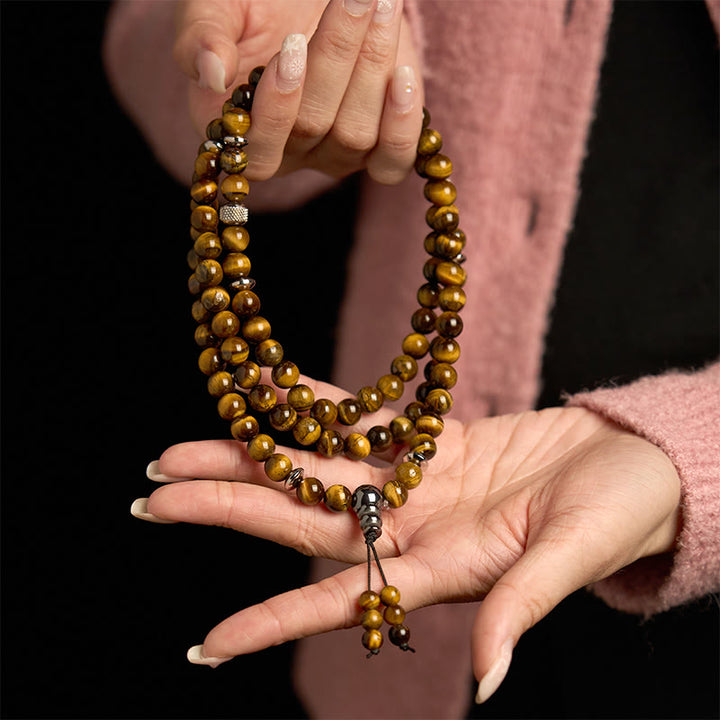 Bracelet de protection multi-tours en pierre naturelle œil de tigre 108 perles Mala Buddha Stones