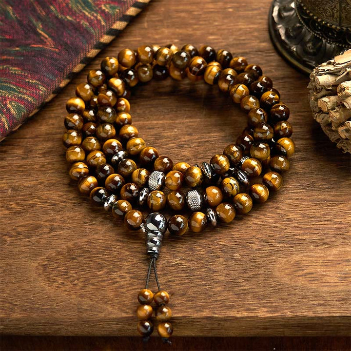 Bracelet de protection multi-tours en pierre naturelle œil de tigre 108 perles Mala Buddha Stones