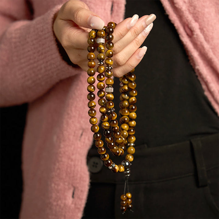 Bracelet de protection multi-tours en pierre naturelle œil de tigre 108 perles Mala Buddha Stones