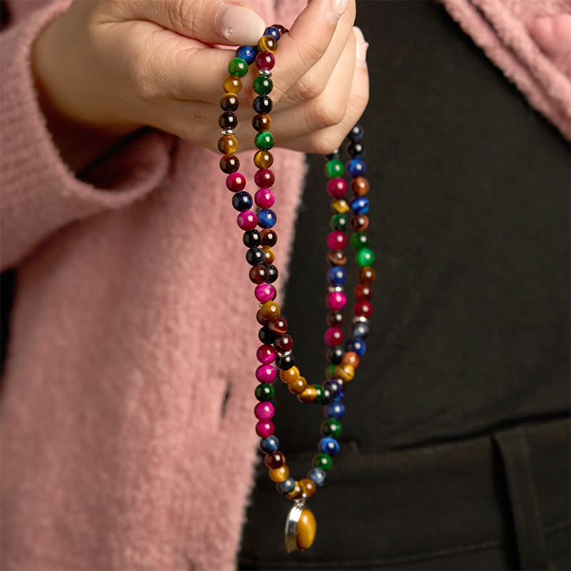 Bracelet de protection multi-tours en pierre naturelle œil de tigre colorée avec 108 perles Mala Buddha Stones - image 2
