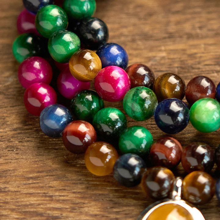 Bracelet de protection multi-tours en pierre naturelle œil de tigre colorée avec 108 perles Mala Buddha Stones