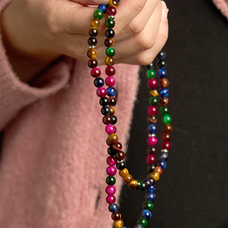 Bracelet de protection multi-tours en pierre naturelle œil de tigre colorée avec 108 perles Mala Buddha Stones - image 4