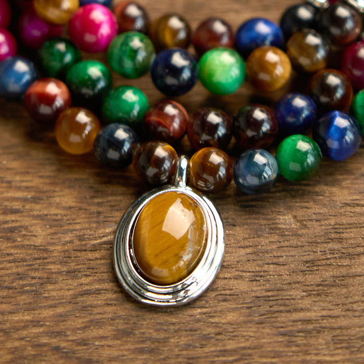 Bracelet de protection multi-tours en pierre naturelle œil de tigre colorée avec 108 perles Mala Buddha Stones