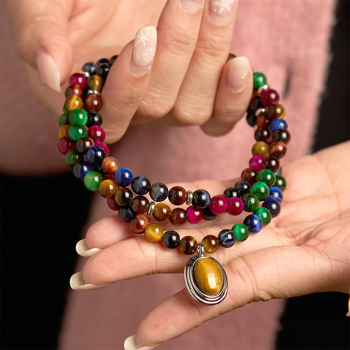 Bracelet de protection multi-tours en pierre naturelle œil de tigre colorée avec 108 perles Mala Buddha Stones