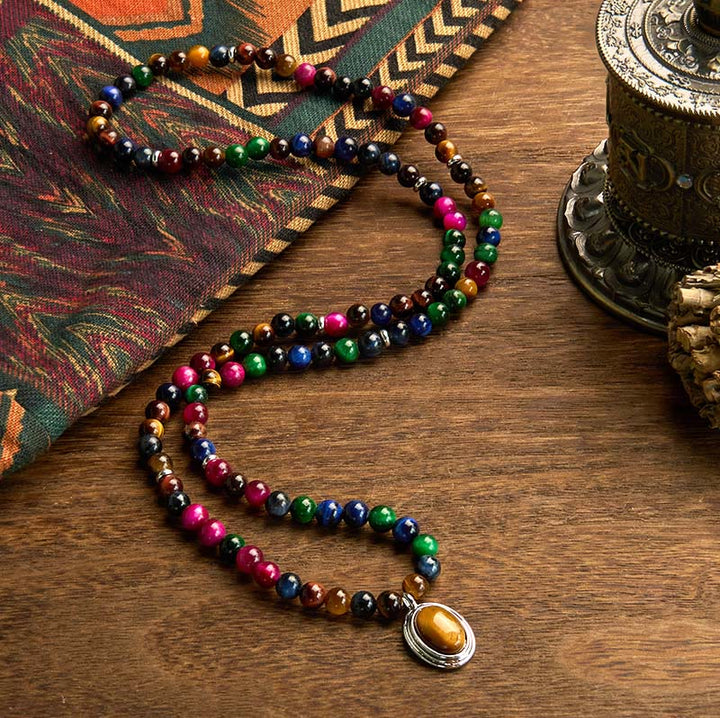Bracelet de protection multi-tours en pierre naturelle œil de tigre colorée avec 108 perles Mala Buddha Stones