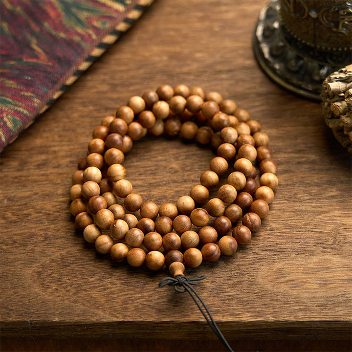 Bracelet de protection poli à la main en bois de pêche avec 108 perles de Mala en Buddha Stones - image 5
