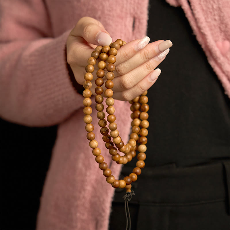 Bracelet de protection poli à la main en bois de pêche avec 108 perles de Mala en Buddha Stones - image 2