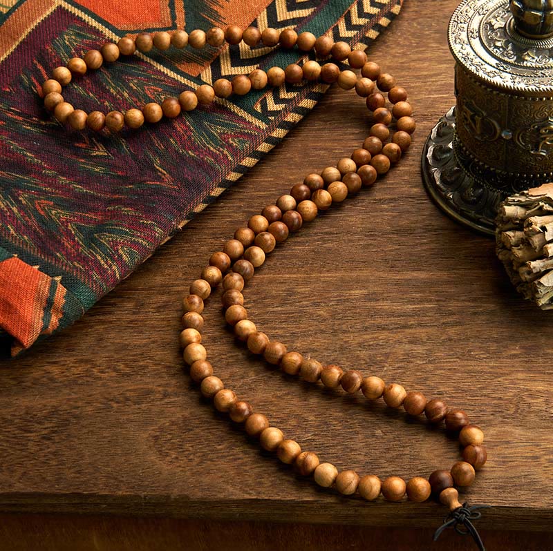 Bracelet de protection poli à la main en bois de pêche avec 108 perles de Mala en Buddha Stones - image 1