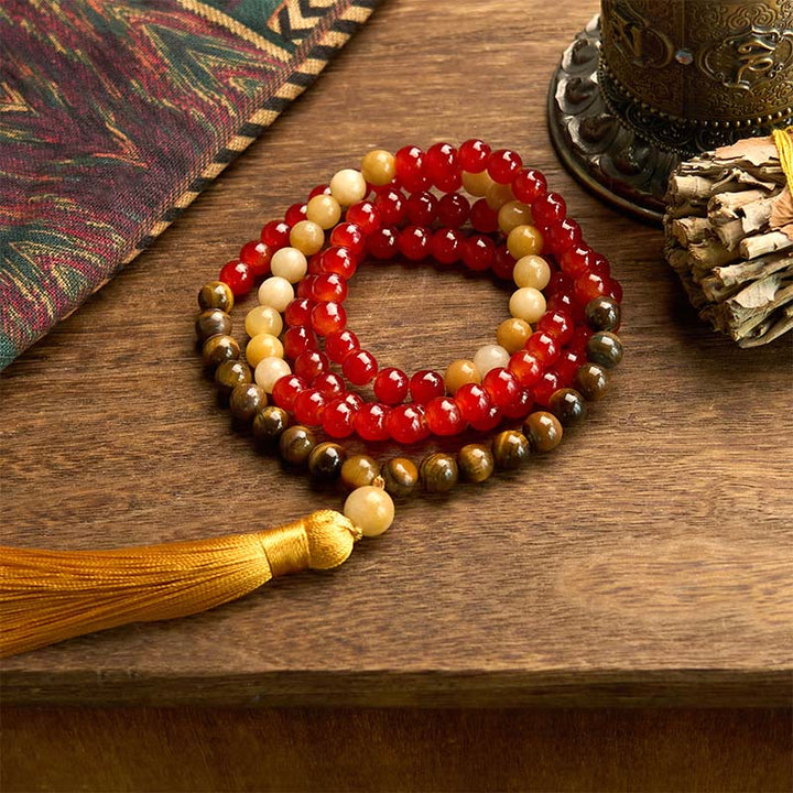 Bracelet Mala 108 Buddha Stones - Agate rouge pompon jaune (circonférence du poignet : 14-16 cm) - image 0