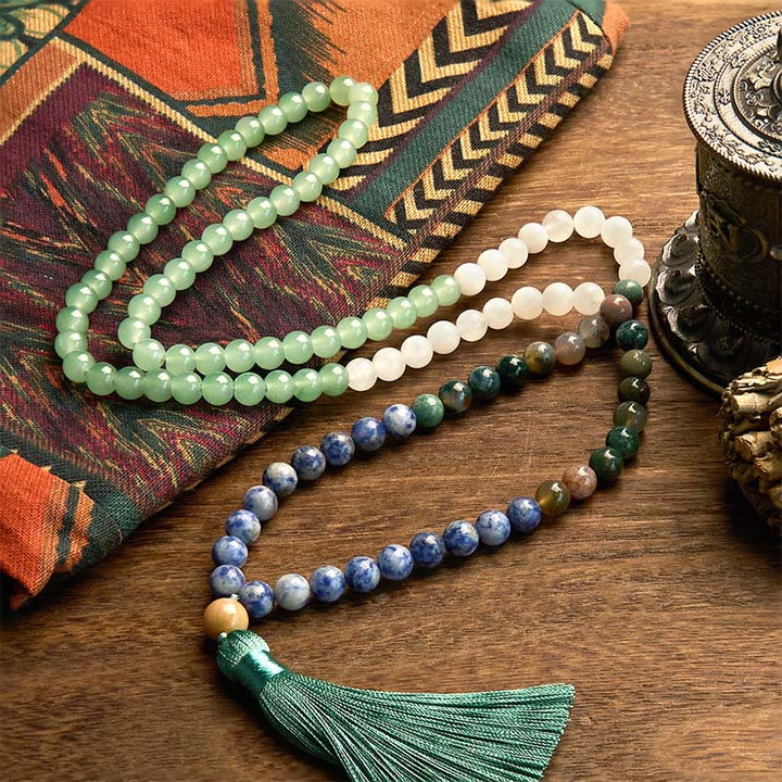Bracelet porte-bonheur en 108 Buddha Stones de Mala en aventurine verte naturelle et jaspe à pois bleus, agate indienne, pompon vert