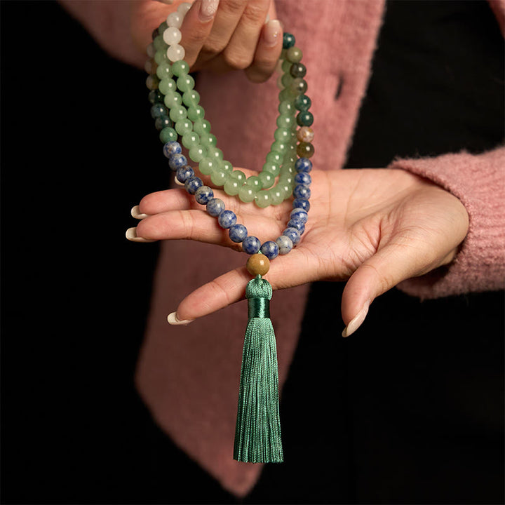 Bracelet porte-bonheur en 108 Buddha Stones de Mala en aventurine verte naturelle et jaspe à pois bleus, agate indienne, pompon vert