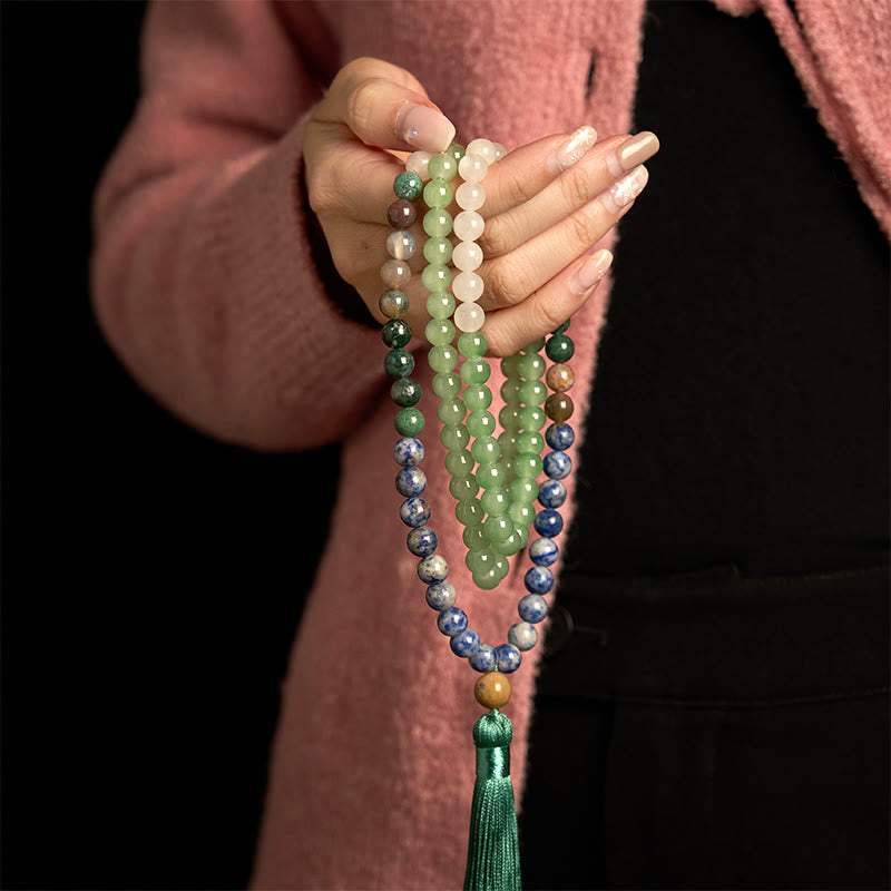 Bracelet porte-bonheur en 108 Buddha Stones de Mala en aventurine verte naturelle et jaspe à pois bleus, agate indienne, pompon vert