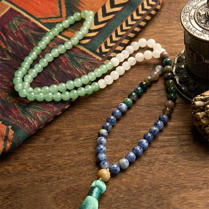Bracelet porte-bonheur en 108 Buddha Stones de Mala en aventurine verte naturelle et jaspe à pois bleus, agate indienne, pompon vert