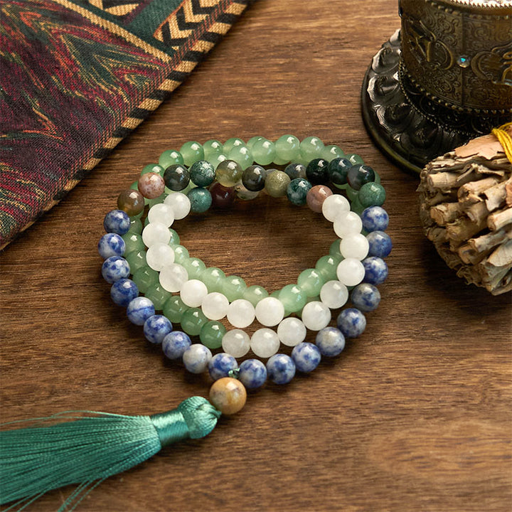 Bracelet porte-bonheur en 108 Buddha Stones de Mala en aventurine verte naturelle et jaspe à pois bleus, agate indienne, pompon vert