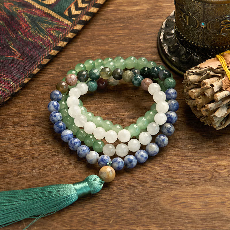 Bracelet porte-bonheur en 108 Buddha Stones de Mala en aventurine verte naturelle et jaspe à pois bleus, agate indienne, pompon vert