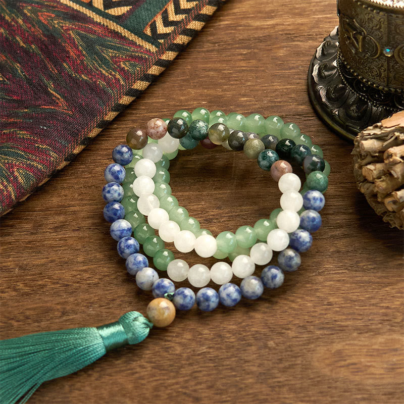 Bracelet porte-bonheur en 108 Buddha Stones de Mala en aventurine verte naturelle et jaspe à pois bleus, agate indienne, pompon vert